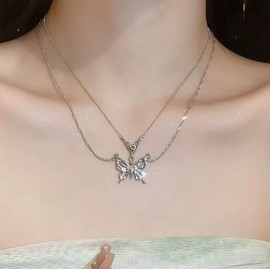 Inilbran Boho Layered Butterfly Choker Necklace Vintage Hollow Butterfly Pendant Necklace Silver Crystal Butterfly Necklace Adjustable Butterfly Chain Necklace Jewellery, Zinc
