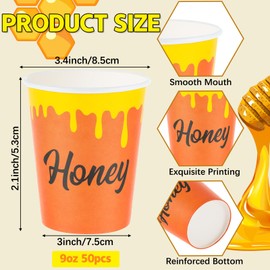 Zhehao 50 Pcs Honey Bee Party Supplies 9 oz Honey Jar Drinking Paper Cups Disposable Drinkware for Bee Themed Baby Shower Wedding Party Supplies Decorations