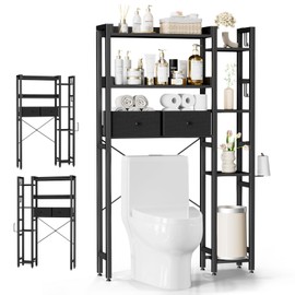 Housolution Over The Toilet Storage with 2 Drawers, 7 Tier Over Toilet Bathroom Organizer with Height Adjustable Shelves and Hooks, Space Saver Above Toilet for Bathroom/Restroom/Laundry, Black
