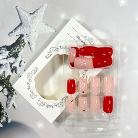 LOPMNGHT Christmas Press on Nails Short Square Snowflake False Nails with Pearl Rhinestones Design Artificial Nails Winter Xmas Acrylic Nails Full Cover Coffin Nails Reusable Stick on Nails for Women