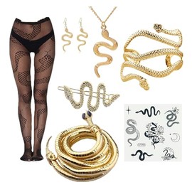 XHBTS 8 Set Snake Bracelet Earrings Ring Hair clip and Snake Fishnet tights Tattoo Stickers Bendable Bracelet Choker S Necklace for Halloween Party