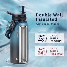 Stainless Steel Water Bottle with Straw 1L, Trebo Insulated Water Bottle 1L Metal Bottle with Straw Wide Mouth Double Wall Sports Bottle Keep Cold 48 Hours Water Bottle with 3 Lids, Indigo Black