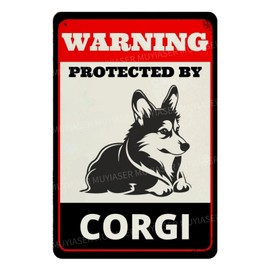 MUYIASER Beware of Dog Sign For Fence Warning Protected By Corgi Aluminum Metal Tin Signs Outdoor Yard Sign Warning Sign For Yard Home Kitchen Farm Garden Wall Decor 8x12 Inch