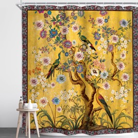 Homewelle Mandala Boho Floral Tree of Life Spring Shower Curtain Retro Vintage Flower Blossom Birds Plant Botanical Yellow Indian 72Wx72H Inch Nature Waterproof Polyester Fabric Bathroom Bathtub