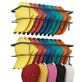 Aimeaihe Metal Hat Racks for Baseball Caps, 2 Packs Wall Mounted Hat Organizer Fit 30 Caps Holder, Sturdy Hat Storage Organizer, The Curved Design Fits the Baseball Cap Perfectly, Comes with 10 Hooks