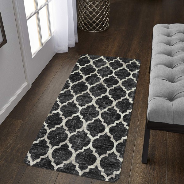 Lahome Moroccan Washable Area Rug - 2'x4' Non Slip Black Hallway Runner Rug, Laundry Throw Rug and Mat for Laundry Room, Washable Runner Rugs for Kitchen Laundry Room Hallway Entry Area Rugs