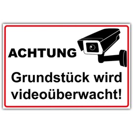 geschenke-fabrik.de Video Surveillance Sign "Achtung - Grundstück wird videoüberwacht" Aluminium / Dibond Weatherproof 300 x 200 mm 3 mm Thick with Camera Symbol