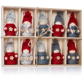 BRUBAKER 10-Piece Set Christmas Dolls - Wood/Knit - 3.2 Inches - Tree Ornaments in Wooden Box