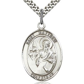 Heartland Store Men's Sterling Silver Saint Matthew the Apostle Oval Medal + 24 Inch Rhodium Plated Chain & Clasp| USA Made