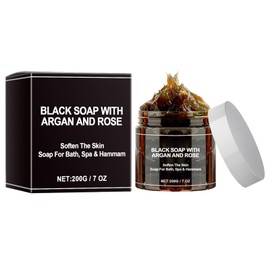 KOAHDE Black Soap with Argan and Rose,Weichmachende Haut-Peeling-Körperwäsche,Körper Peeling Seife,Natürliche Schwarze Seife,Body Scrub,Reinigen Sie die Weiche Haut,200G,1PC