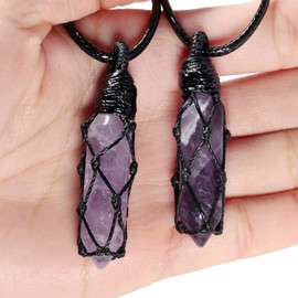 Nupuyai Hand-Woven Hexagon Crystal Pendant Necklace for Men and Women, Double Lace Hexagonal Quartz Chain Gemstone Reiki Jewellery, Stone, Amethyst