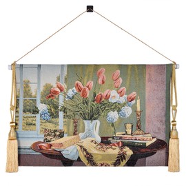 AureoMadis Vintage Floral Tapestry Wall Hanging Set with Telescopic Rod & Tassels - Jacquard Woven Fabric Aesthetic Flower Wall Tapestries for Bedroom/Living Room Decor Spring Botanical Art (42"x27")