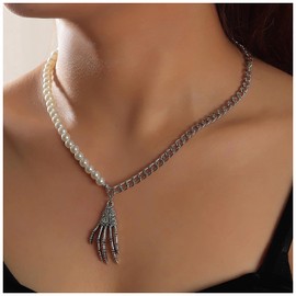 Inateannal Pearl Skull Hand Pendant Necklace Silver Pearl Necklace Pearl Necklace Punk Skull Hand Necklace Curb Chain Necklace Jewellery for Women and Girls Gifts