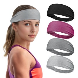 Sukeen Cooling Headbands for Women 4 Pack, Instant Cooling, Moisture Wicking Non-Slip Workout Headbands, Elastic Sports Sweatbands for Running Yoga Gym Athletic Workouts, Black/Dark Gray/Gray/Rose Red