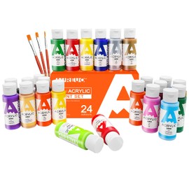 AUREUO Acrylic Paint Set 24 Colors 2 Oz.(59ml) Metallic Colors Art Craft Painting Kits with 3 Paint Brushes - Rich Pigments Acrylic Paints for Kids, Students, Beginners, Artists