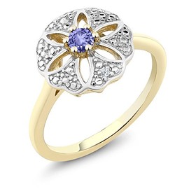 Gem Stone King 18K Yellow Gold Plated Silver Blue Tanzanite and I Diamond Engagement Ring For Women | 0.12 Cttw | Round 3MM | Gemstone December Birthstone | Size 6