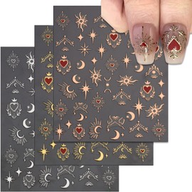 TailaiMei Valentine's Day Star Moon Nail Stickers, Self-Adhesive Golden Heart Nail Art Decals for DIY Nail Decorations (3 Sheets)