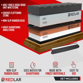 Whetstone Knife Sharpening Stone Kit 400/1000 3000/8000 Grit 4 Sided Waterstone | Whetstone Knife Sharpener w/Nonslip Rubber Base, Flattening Stone, Angle Guide | Knife Sharpener set by RedLar