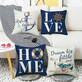 JUMUU Set of 4 Nautical Throw Pillow Cover,18 x 18 Inch Navy Blue Anchor Pillowcases Love Home Cushion Case Decoration for Sofa Couch (Blue Love Home
