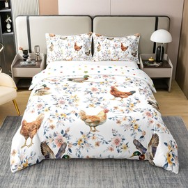 Erosebridal 100% Cotton Vintage Pet Chicken Twin Size Bedding Set,Mallard Duck Hunting Duvet Cover,Groovy Flower Floral Botanical Comforter Cover,Rustic Farmhouse Animal Bedspread Cover Reversible