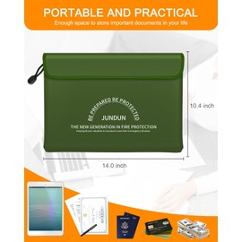 JUNDUN Fireproof Document Bag with 5200℉ Heat Insulated,14.0”x10.4” Waterproof and Fireproof Money Bag,8 Layers Thickened Fire Safe Storage Bag Pouch with Zipper for Document,Money and Cash,Green