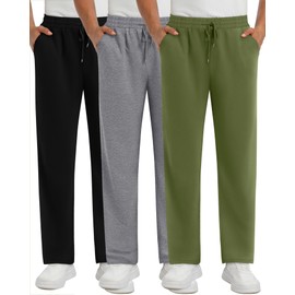 Neer 3 Pack Men's Sweatpants Athletic Lounge Pants Open Bottom Yoga Baggy Casual Drawstring Lightweight Joggers with Pockets(Black, Gray, Green,XX-Large)