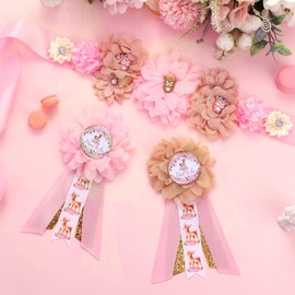 JOYMEMO Pink Deer Baby Shower Maternity Sash Kit - Woodland Deer Baby Shower Belly Belt and Mom to Be & Dad to Be Corsage Pins, Pregnancy New Parents Photo Props Party Supplies