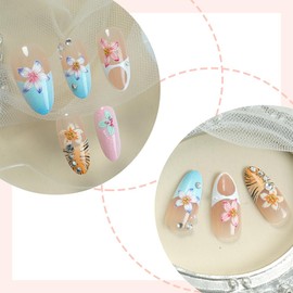 Summer Press on Nails Medium Almond - Summer Nail Design with Tropical Flower,Rhinestone & Gold Pearls | Beach Nails Press ons | Reusable,Glossy,Full Cover Stick on Nails for Women Manicure 30 Pcs