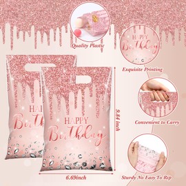 Pajean 100 Pcs Pink Rose Gold Gift Bags Glitter Diamonds Happy Birthday Themed Party Favor Supplies Candy Bags with Handles Treat Goodie Snack Stuffed Storage for Wedding Bridal Baby Shower Decor