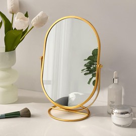 KIGOTWIN Vanity Desk Table Oval Makeup Mirror 360 Degree Adjustable Rotation Golden Metal Framed Standing Mirrors, 9.5X7 Inch, Home Decoration for Living Room, Bedroom, Tabletop, Bathroom (Golden)