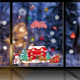 Dozesheep Christmas Window Clings Stickers, Xmas Snowflake Sticker, Santa Claus Snowman Decals for Party, Reindeer Winter Static Wall Stickers Home Office Decorations, Dozesheep01a