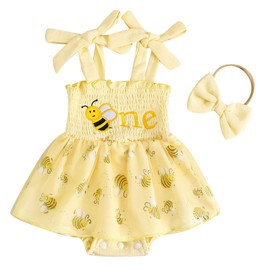 LYSINK Baby Girl 1st Birthday Outfit Sleeveless One Letters Tie-Up Tulle Romper Dress with Bow Hairband Infant Summer Clothes (Bg Yellow, 12-18M)