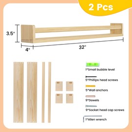 Fun Memories Nursery Book Shelves - Rustic Natural Solid Wood Floating Bookshelf for Kids - Wall Book Shelves for Kids Room (Natural, 32inch - 2P)