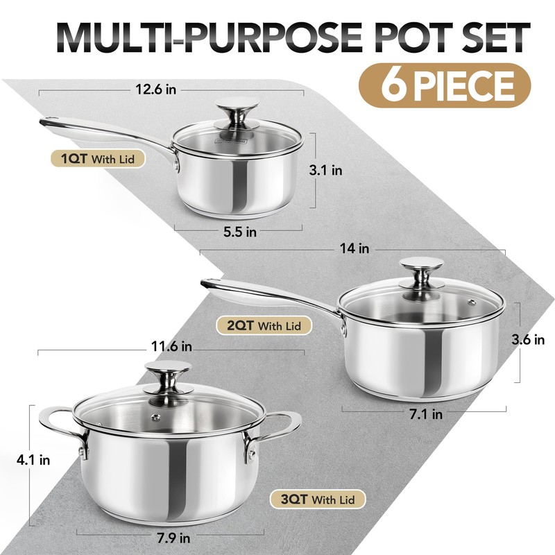 MICHELANGELO Stainless Steel Pot Set with Lids 1QT & 2QT