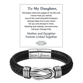 DIOWUS To My Daughter Love You Forever Bracelet, Mother and Daughter Braided Leather Inspirational Wristband Stainless Steel Infinity Knot Engraved Bangle Gift from Mom (Infinity Knot)