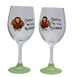 2 Green Gobble Til You Wobble Turkey Wine Glasses