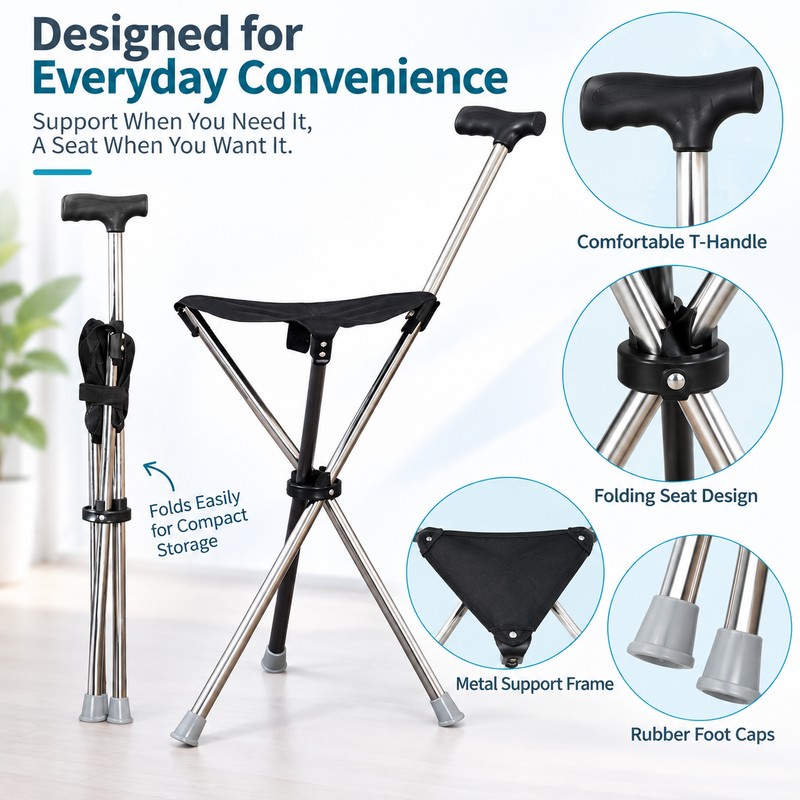 Folding Cane Seat for Outdoor Walking – Lightweight Walking Stick