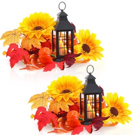 Tujoe 2 Pack Fall LED Candle Lantern Decorative Indoor & Outdoor Fall Decorations for Home Mini Thanksgiving Hanging Lanterns with Pumpkin Maple Vine for Autumn Table Decor Patio Porch
