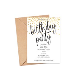 Modern Birthday Party Invitation, Party for Him or Her, Gold Confetti 21st Birthday, 30, 40, 50, 60, 70, 75th Birthday Party Celebration Invitation, Set of 10 with Choice of Colors and Envelopes 24-36