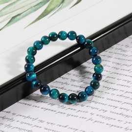 Soulnioi Triple Moon Goddess Pendant Necklace Dainty Choker Chain Necklace Moon Stone Necklace for Women (Turquoise), Natural Crystal Stone Round 6-8mm Beaded Bracelet (Blue Tiger's Eye)