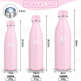 Water Bottle, 500 ml, BPA-Free, Stainless Steel, Double-Walled Vacuum Insulated, Insulated Flask, 304 Stainless Steel, Water Bottle, Leak-Proof for School, Travel, Camping Thermos Flask - Pink