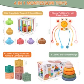 Richday Montessori Spielzeug für 3-6-12-18Monate Stapeln Baublöcke Sensorischer Korb Beißspielzeug Geschenke Baby Sensory Bin Shape Sorter Toys Bunter Würfel,Lernspielzeug für Kleinkinder.