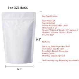 Pack of 50 White Kraft Paper Coffee Bags with Degassing Valve, Stand-up Coffee Pouches in Food Grade with Resealable Zipper Lock (8oz, 0.5lb, 50 Pieces)