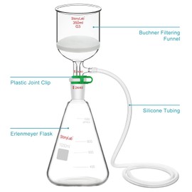stonylab Buchner Funnel & Flask Set, 350 ml Glass Funnel with 1L Erlenmeyer Flask and Silicone Tubing for Lab Use