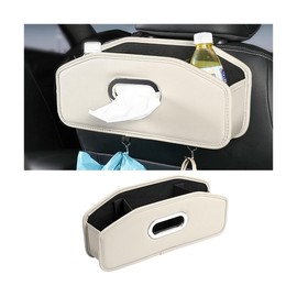 JNNJ Storage Box with Drink Holder for Car, Multifunctional Organiser Cup Holder, Car Seat Organiser, Car Rear Seat Headrest, Tissue Box, Headrest Hook for Children, Adults (White)