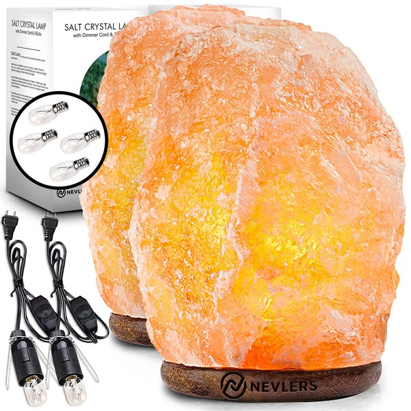 Nevlers 2 Pack Natural Pink Himalayan Salt Lamp with Dimmer Cord & Light Bulb | 6"- 8" Tall Salt Rock Lamp with Wood Base | 100% Authentic Himalayan Pink Salt Lamp | Hand Crafted Salt Lamps