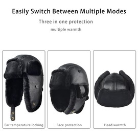 Harssidanzar Aviator Hat for Men Women Genuine Sheepskin Shearling Leather Winter Warm Trapper Hat CU603US, Solid Black, Size Large