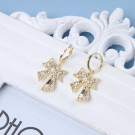 Cimenexe Bohemian Crystal Bow Dangle Earrings Gold Pearl Crystal Earrings Tiny Cz Bow Tie Drop Earrings Rhinestone Bow Hoop Earrings Jewelry for Women and Girls Gifts