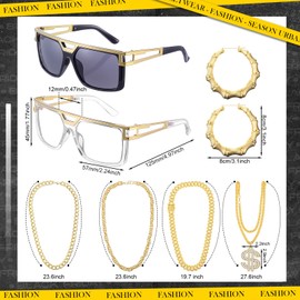 Gejoy 80s 90s Hip Hop Costumes Outfit for Women Men 9 Pcs Sunglasses Fake Gold Chain Dollar Sign Necklace Earrings Hat Rapper Jewelry Couple Accessories