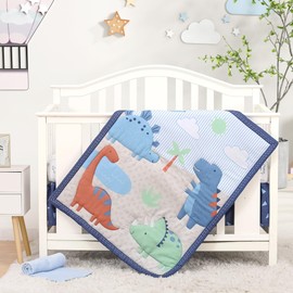 Honkaii Dinosaur Crib Bedding Set for Boys 4pcs,Baby Nursery Bedding Crib Set Including Quilt,Skirt,Sheet, Blanket.Blue Crib Sets
